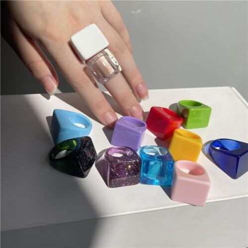 HZ 2021 New Colorful Resin Square Rings Golden Bead Acrylic Fing Ring Shiny for Women Girls Party Travel Jewelry Gifts