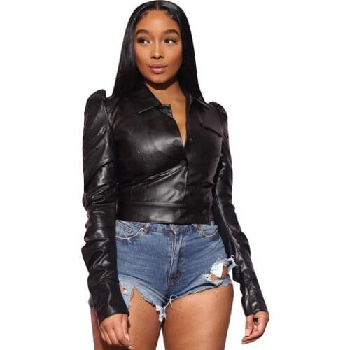 Black PU Leather Jacket Women Gothic Punk Style Outwear Coats Long Sleeve Turn-Down Button Pocket Short Bomber Jackets Femininas