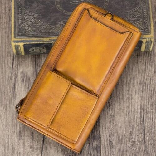 Retro Mens Wallet Card Holder Wallets Long Zipper Tide Brand Large Capacity Purse Phone Clutch Bag First Layer Leather Men Male