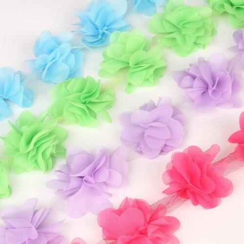 Latest Design 1yard/lot Approx 5cm 3D Chiffon Flowers Lace Trim Sewing Supplies Dress Decoration Lace Fabric Applique Colorful