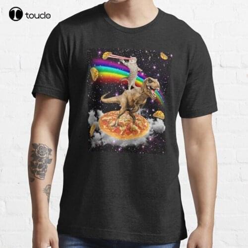 New Galaxy Laser Eye Cat On Dinosaur On Pizza With Tacos & Rainbow T-Shirt Cotton Men Tee Shirt