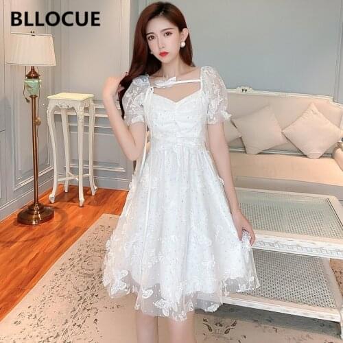 BLLOCUE Elegant Butterfly Sequined Gauze Lace up Princess Dress Women 2020 Summer New V-neck Horn Sleeve Fashion Party Dress