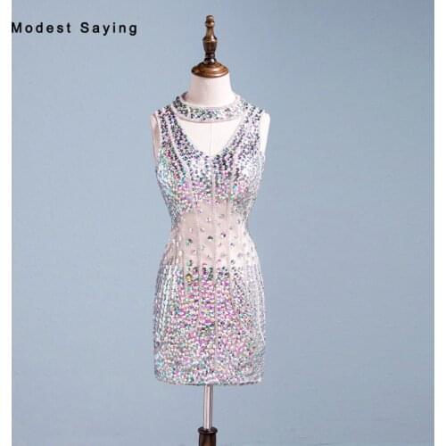 Real Sexy Luxury Party Dress See Through Diamond Rhinestone Beading Mini Cocktail Dresses 2018 Girls High Neck Short Prom Gowns