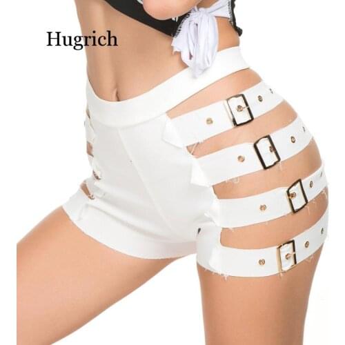 Punk Black White Shorts Women Fashion Sides Hollow Out Metal Button High Summer Sexy Club Shorts Female