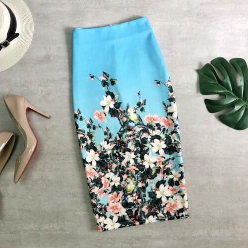 Spring and Summer Womens Bag Hip Skirt Printed Skirt High Waist One-step Skirt Back Slit Over The Knee Skirt