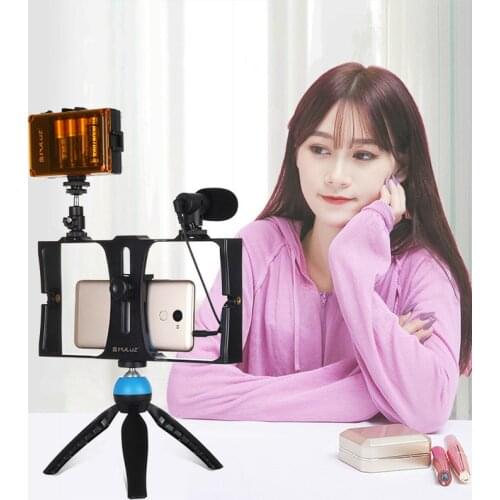 Vlogging Live Broadcast LED Selfie Light Smartphone Video Rig Kits with Microphone Tripod Mount Cold Shoe Tripod Head for iPhone