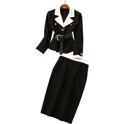 Color-Block White And Black Patchwork Womens Office Suit Set 2Pcs Outfits Belted Jacket Top + Knee Length Tight Pencil Skirt