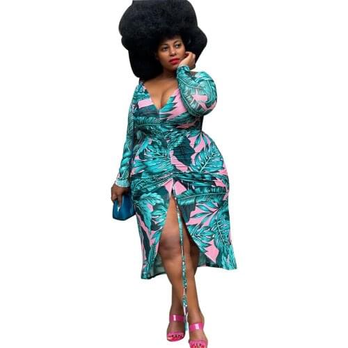 V-neck Blue Printed Long Sleeve Dress Bodycon Curved Drawstring Dresses Plus Size Autumn Clothes New Fashion 2021 Dropshipping