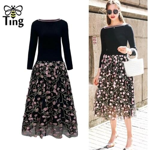 Tingfly Runway Vintage Elegant Slash Collar Knitting Patchwork Midi Long Party Dinner Dresses Lady Luxury Embroidery Flower Robe