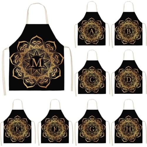 1Pcs Golden Black Letters Pattern Cleaning Aprons Home Cooking Kitchen Apron Cook Wear Cotton Linen Adult Bibs 53*65cm WQL0202