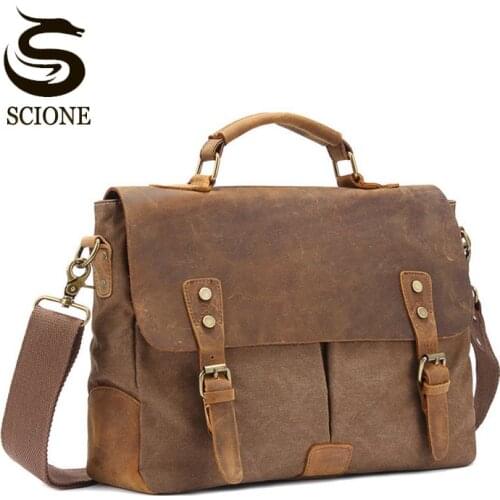 Luxury Mens Briefcase Bag Shoulder Crossbody Bags Military Canvas + Genuine Leather Messenger Bag Patchwork Handbag School Tote
