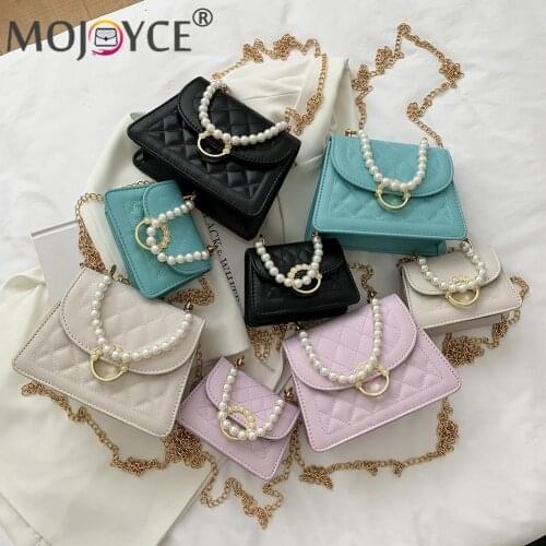 2021 Pleated Female Handbag Fashion Women Lattice Pattern PU Crossbody Bag Casual Pearl Chain Small Handbags Women