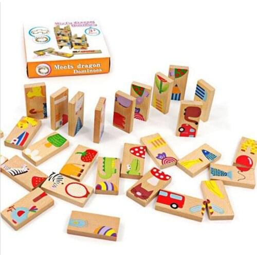 28 Pcs/set Unisex Animal Domino Puzzles Montessori Learning Education Wooden Kids Toys Puzzles Set Game Children Juguetes DZQ18