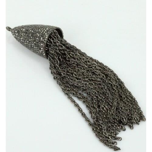 Bohemia handmade jewelry black connectors pave rhinestone long dangle metal snake chain tassel pendants necklaces for women