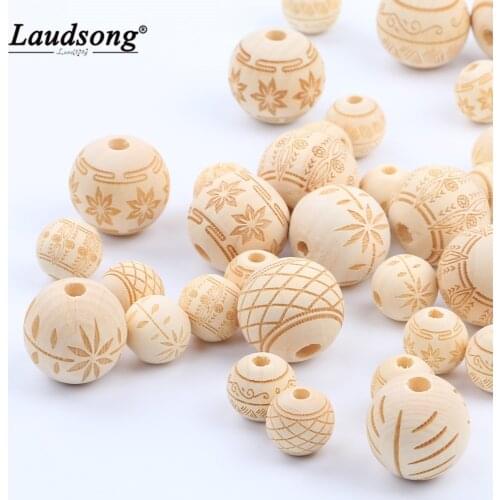 20/25MM Natural Round Flower Pattern Wooden Beads For DIY Baby Pacifier Chain Teeth Chain Loose Space Bead Accessories