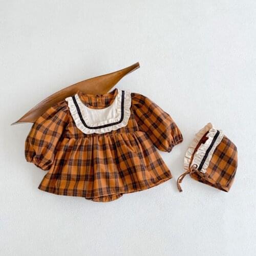 Spring Autumn Baby Girls Plaid Puff Sleeve Romper