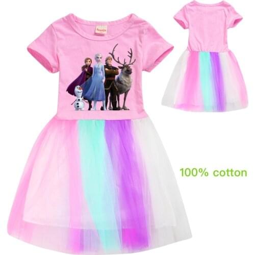 Kids Rainbow Lace Girls Dress Cotton Cartoon Frozen Anna Elsa Olaf Print Teenage Summer Princess Dress Suit Cute Little Student
