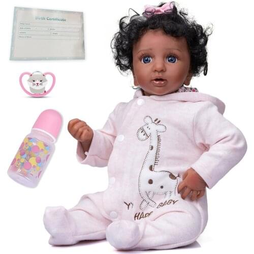Reborn Baby Doll Sleeping Home Gift Dark Brown Skin Black Curly Hair Cute Poseable DIY Silicone PP Cotton Top Quality