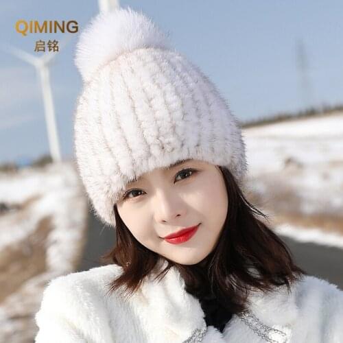 Hot Sale Fashion Winter Warm Knitted Hat Mink Fur Hat Fox Fur Ladies Hats Ball Vertical Ear Protection Cap Women Pompom Beanies