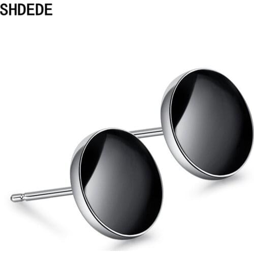 SHDEDE 925 Sterling Silver Black Round Stud Earrings For Women Men Fashion Jewelry Classic Simple Accessories -WH62