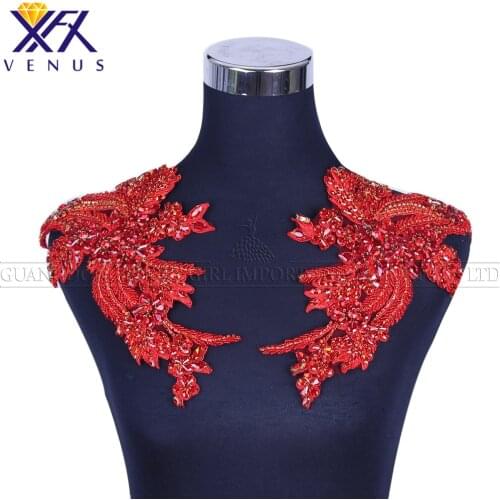 XFX VENUS 1 Pair Sew On Trim Sparkly Handmade Red Beads Patches Rhinestone Applique Crystal Bodycon Elegant bodice decorative