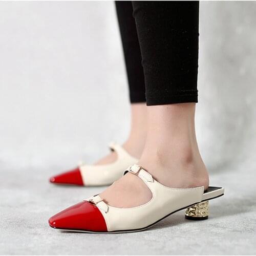 3cm low round shiny heels small square toe shallow daily wear slip on buckle straps leisure concise women shoes HL353 MUYISEXI