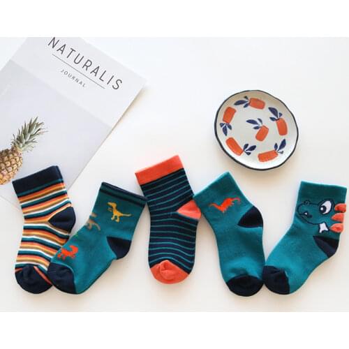 5 Pairs/lot Baby Toddler Boys Socks 100% Cotton Dinosaur Animal Print Cute Socks for Girls Fall Kids Fashion Mid Socks