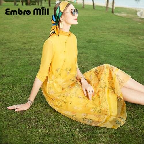 Summer New Chinese Style Stand Collar Travel Female Mid-Length Mulberry Silk Printed Vintage Buckle Loose Dress S-XL