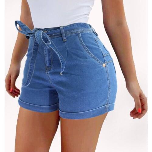 Women Hem Denim Shorts Waist High Elastic Denim Shorts Female Summer Cotton Ladies Belted Hot Jeans Short