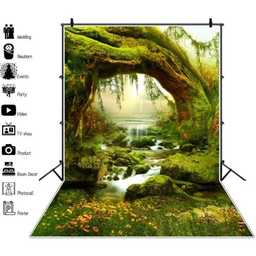 Wonderland Photozone Fairytale Forest Tree Stone Waterflow Grass Photography Backdrop Photo Backgrounds Baby Portrait Photophone