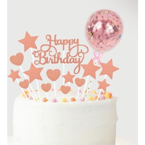 Happy Birthday Balloon Cake Topper Rose Gold Heart Star Cake Topper Adults Kids Birthday Party Baby Shower Dessert Decoration 6z