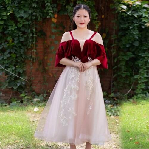 Prom Dresses Plus Size Navy Red Spaghetti Strap A-Line Tea-Length Half Sleeve Simple One-Shoulder Pattern Lace Party Dress D056