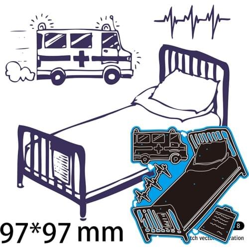 Cutting Dies Cute Ambulance Hospital Bed Stencil Craft for Scrapbook Stamps Dies Embossing Paper Gift Card 97*97mm