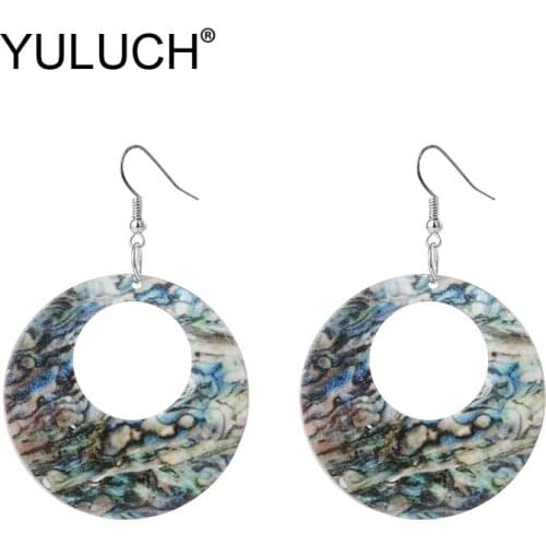 YULUCH Pop Women Round Hollow Natural Shell Printed Printing Dangle Earrings Fashion Jewelry Ethnic African Round Drop Earrings