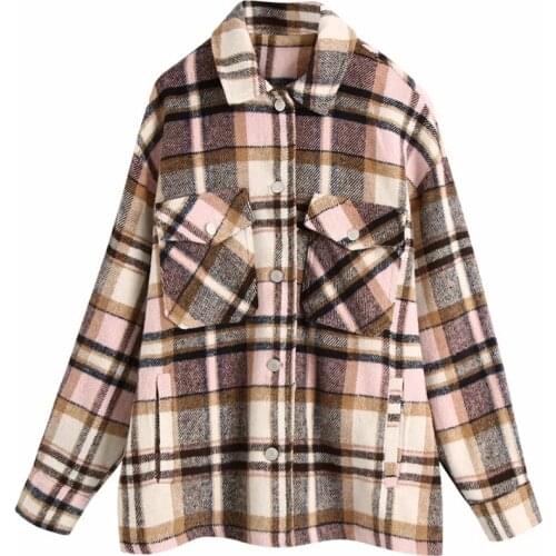 ZA Women 2020 Fashion Oversized Plaid Jacket Coat Vintage Long Sleeve Pockets Female Outerwear Chic Tops