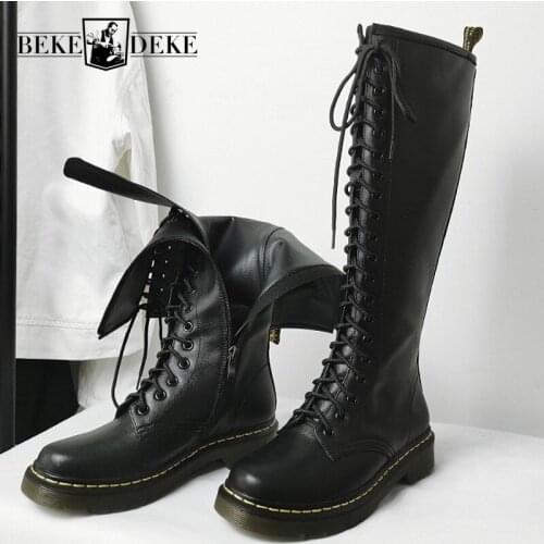 Autumn Winter Genuine Leather Womens Knight Boots Round Toe Cross Tied Side Zipper Female Ridding Boots Flat Heel High Boots