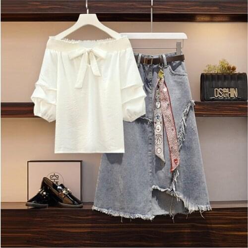 New Shirt 2 Piece Set Summer New Bow Tie Off Shoulder Puff Sleeve Blouse And Elastic Waist Button Split Denim Skirt Suits Female