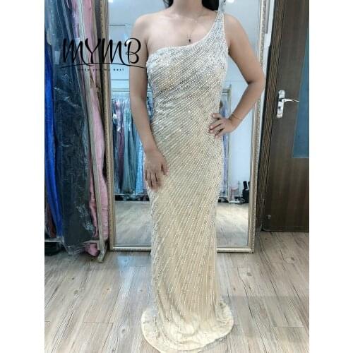 Sexy One Shoulder Open Back Beading Prom Dress 2021 New Arrival MYMB Designer Champagne Dress MY21117