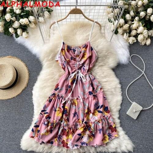 ALPHALMODA Seaside Holiday Dress 2021 New Summer Drawstring Pleated Sexy V-neck Printed Trendy Beach Dress for Women