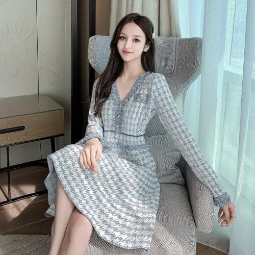 2021 New Autumn Winter Fashion Elegant Women Vintage Houndstooth Tassels Knitted Dresses Female Runway Sweater Mini Dress Robe