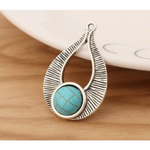 10 Pieces Tibetan Silver Water Drop Faux Turquoise Stone Charms Pendants Beads for Jewellery Making Accessories 35x23mm