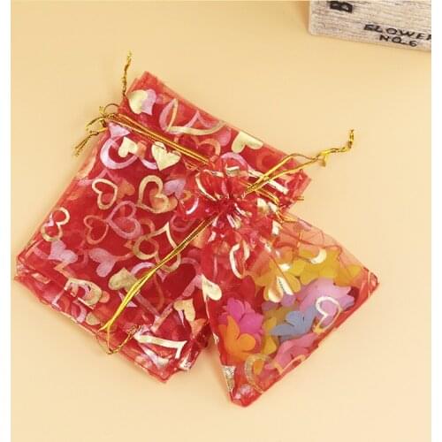 100pcs 7x9cm Drawable Organza Bags Heart Red color Wedding Christmas Gift Bag Jewelry Packaging Bags Pouches