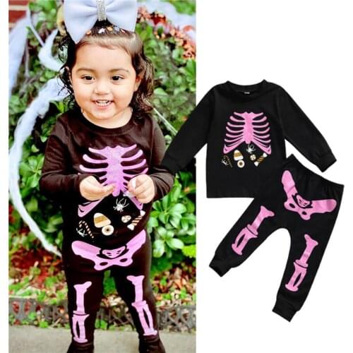 2Pcs Baby Boys Girls Halloween Outfits, Skeleton Print Long Sleeve Round Neck Ruffle Pullover Tops+ Elastic Waist Pants 1-5Years