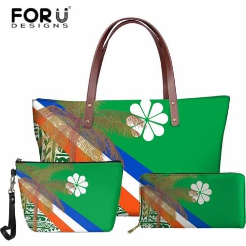 3pcs Polynesian Marshall Islands Tribe Kwajalein Pattern Women Beach Tote Bags PU Leather Long Purses Travel Large Handbags