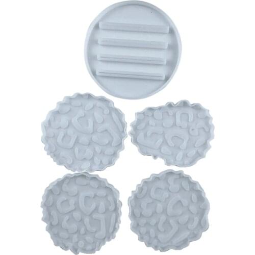 5 Pcs/Set Leopard Irregular Coaster+Base Stand Epoxy Resin Mold Cup Mat+Storage Rack Silicone Mould DIY Crafts Jewelry Casting T