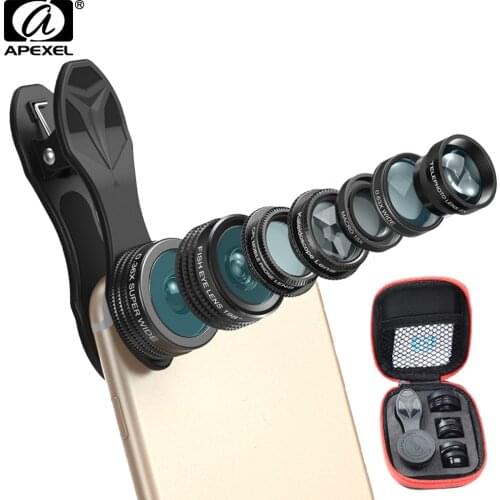 APEXEL 7 in 1 Phone Camera Lens Kit CPL Kaleidoscope and 2X telephoto zoom Lens Fish Eye Wide Angle Macro Lens For iPhone 6s 7 8