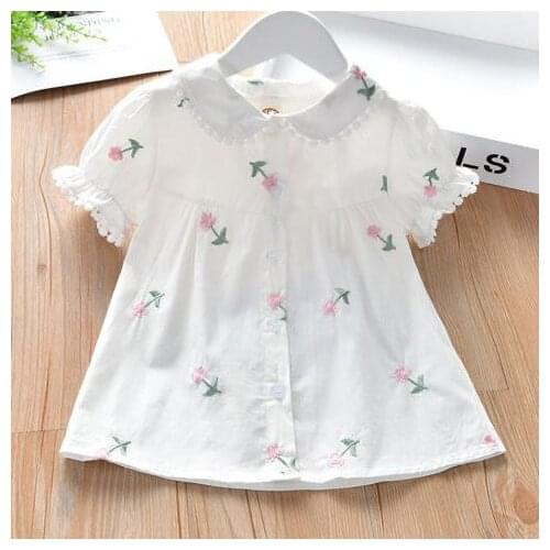 2021 New Summer Girls' Cotton Floral White Shirt Korean Short Sleeve Top Lapel Childrens Shirt