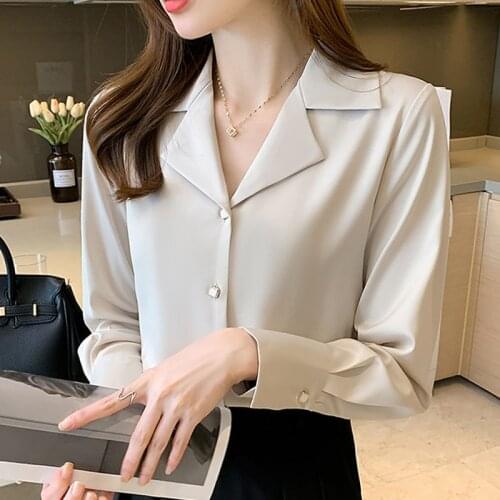 Blusas De Satin Mujer 2021 Autumn Shirt Drooping Loose Retro Satin Long Sleeves Blouses Women Solid V-Neck Elegant fashion 1056