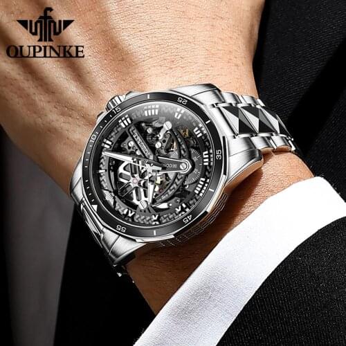 Top Brand OUPINKE Luxury Mens Mechanical Wristwatch Automatic Watch Men Classic Skeleton Tungsten Steel Sapphire Waterproof