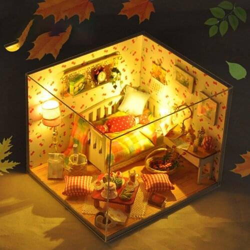 3D LED Light DIY Wood Miniature DollHouse Room Dustproof Cover Kit Fantasy Puzzle Toy Festival Gift for Kids 10+ Years Old